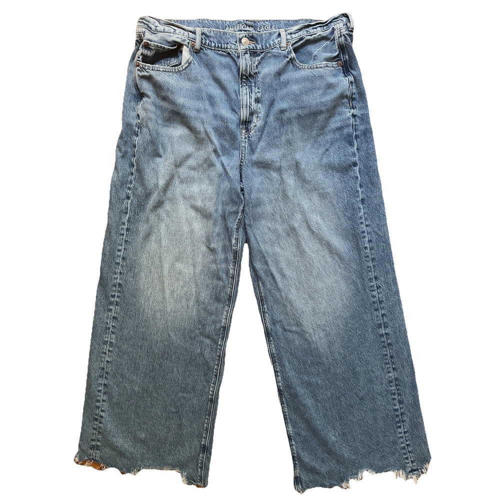 American Eagle Wide Leg Super High Rise Baggy Relaxed Fit Jeans 18 Blue Raw Hem
